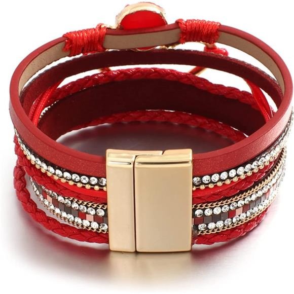 Crystal Heart Beaded Leather Wrap Bracelet for Women - Picture 2 of 6